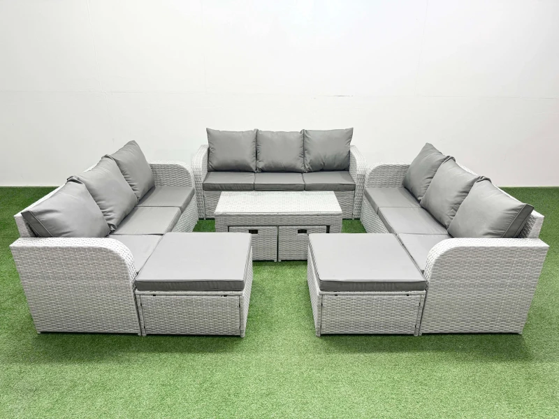 Image of Fimous PE Rattan 3 Seater Sofa Set with Oblong Coffee Table 4 Footstools in Light Grey Light Grey Unisex