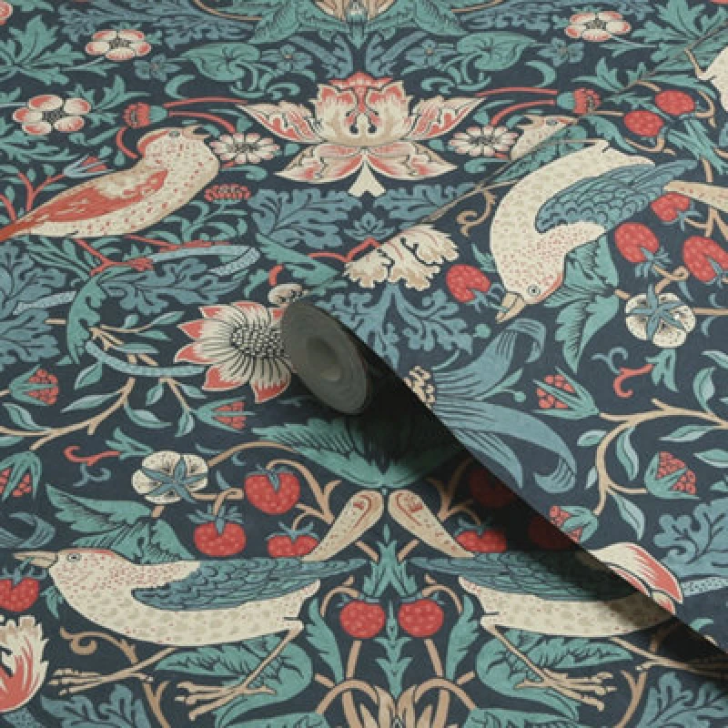 Image of William Morris Gallery Collection Deep Blue Strawberry Thief Smooth Wallpaper