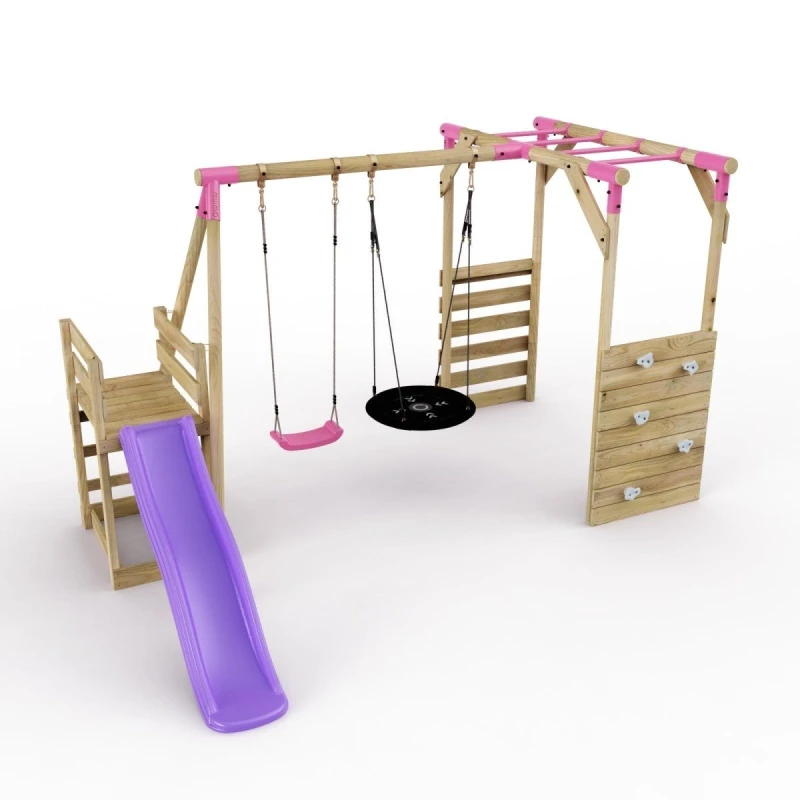 Image of Rebo Wooden Swing Set with Nest Swing, Monkey Bars and Slide - Satellite Pink Pink