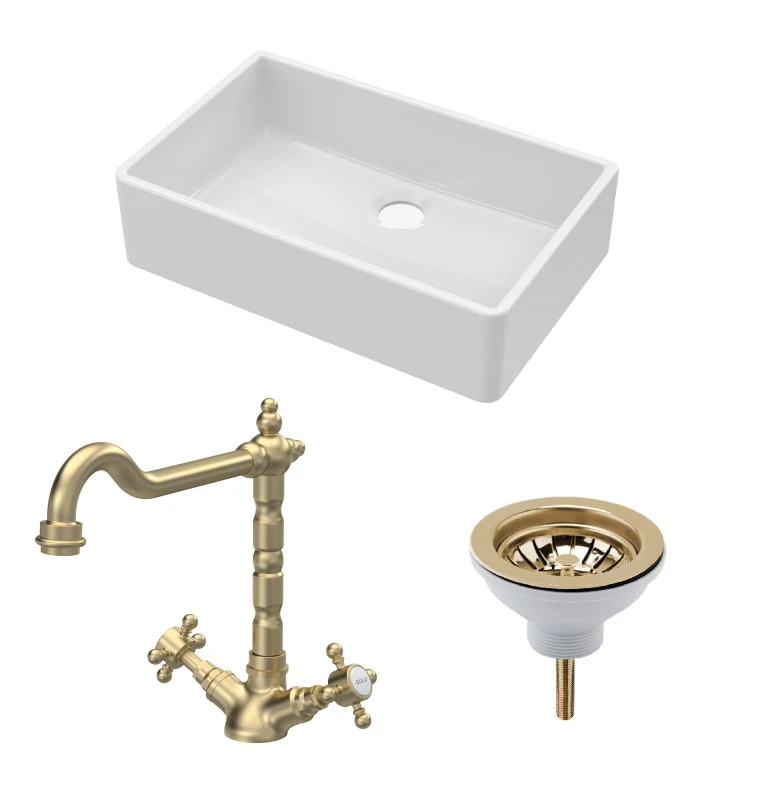 Image of Balterley Fireclay 1 Bowl Butler Sink Waste Classic Tap Brushed Brass 795mm Bronze