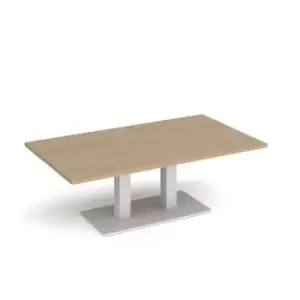 Image of Eros rectangular coffee table with flat white rectangular base and twin uprights 1400mm x 800mm - kendal oak
