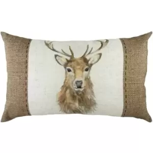 Image of Evans Lichfield Hessian Stag Cushion Cover (30cm x 50cm) (White/Brown) - White/Brown