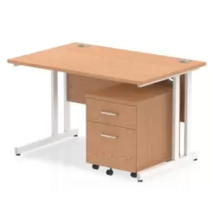 Image of Impulse 1200 x 800mm Straight Office Desk Oak Top White Cantilever Leg Workstation 2 Drawer Mobile Pedestal