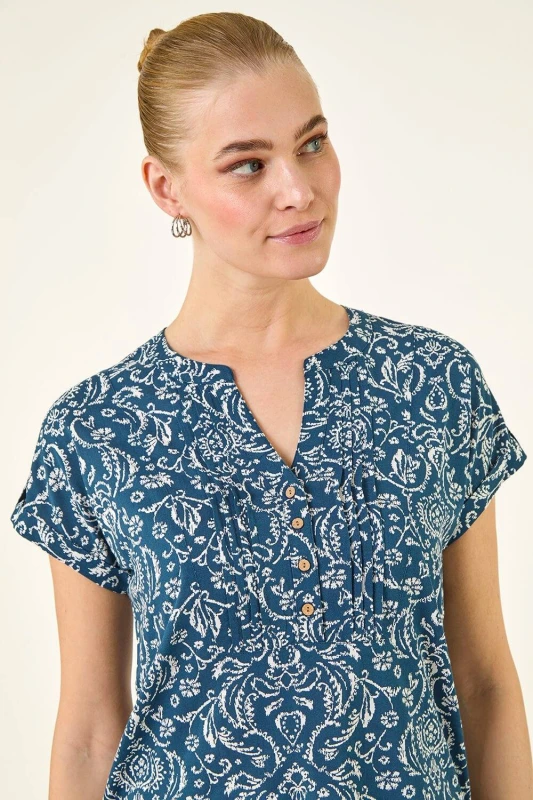 Image of Roman Womens Abstract Print Pleat Front Top in Navy Size: 14 Navy Female 14
