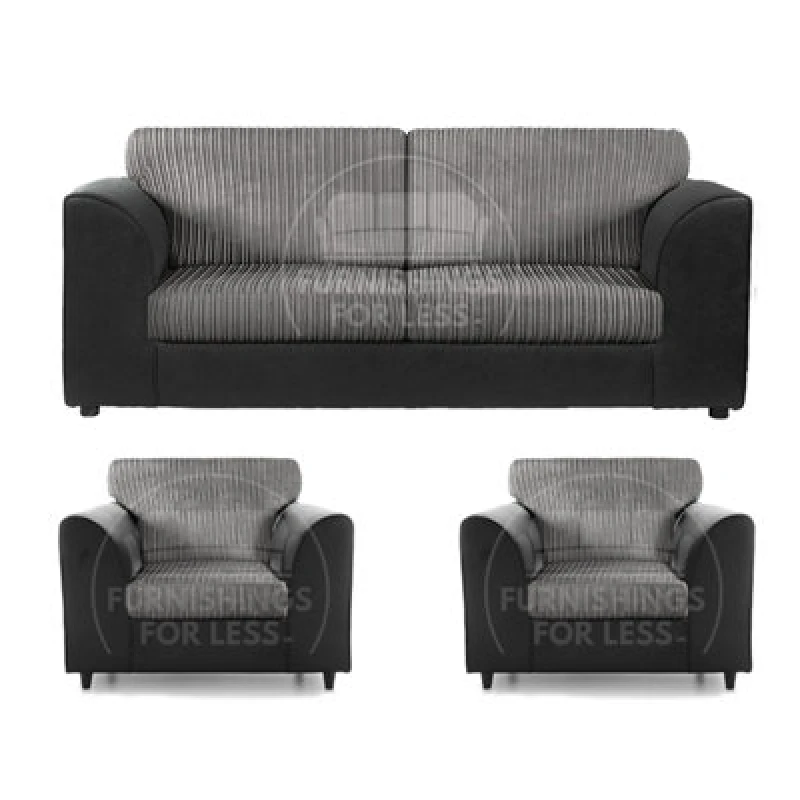 Image of Furnishings For Less UK Luxor Jumbo Cord 3 + 1 + 1 Fabric 3 Piece Sofa Suite - Fullback Black And Grey