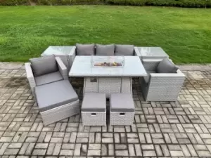 Image of Fimous 5 Seater Outdoor Light Grey Rattan Lounge Sofa Complete Set with Gas Fire Pit, 2 Stools and Big Footstool