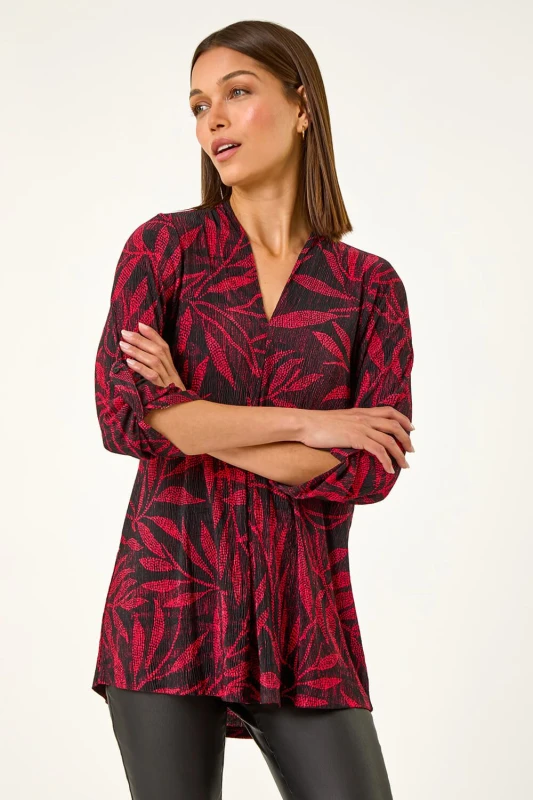 Image of Roman Leaf Print Pleated Top Red