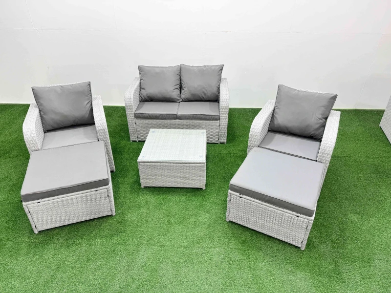 Image of Fimous Light Grey PE Wicker Rattan Garden Furniture Set Sofa Set Reclining Adjustable Chair Square Coffee Table 6 Seater 2 Big Stools Light Grey