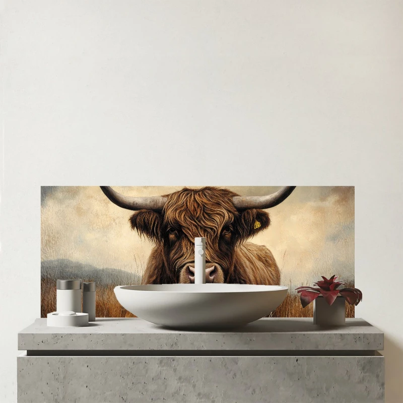 Image of Warren Reed - Designer Bronze Effect Highland Cow Glass Bathroom Splashback in Brown Brown Unisex