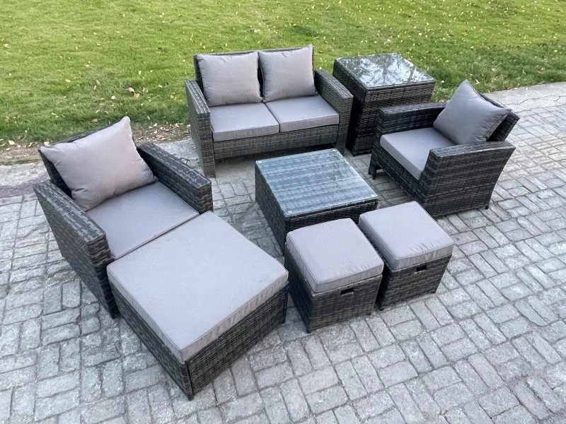 Image of Fimous Rattan Garden Furniture Patio Conservatory Sofa Set with Square Coffee Table Armchair 2 Seater Sofa 3 Footstools in Dark Grey Dark Grey Unisex