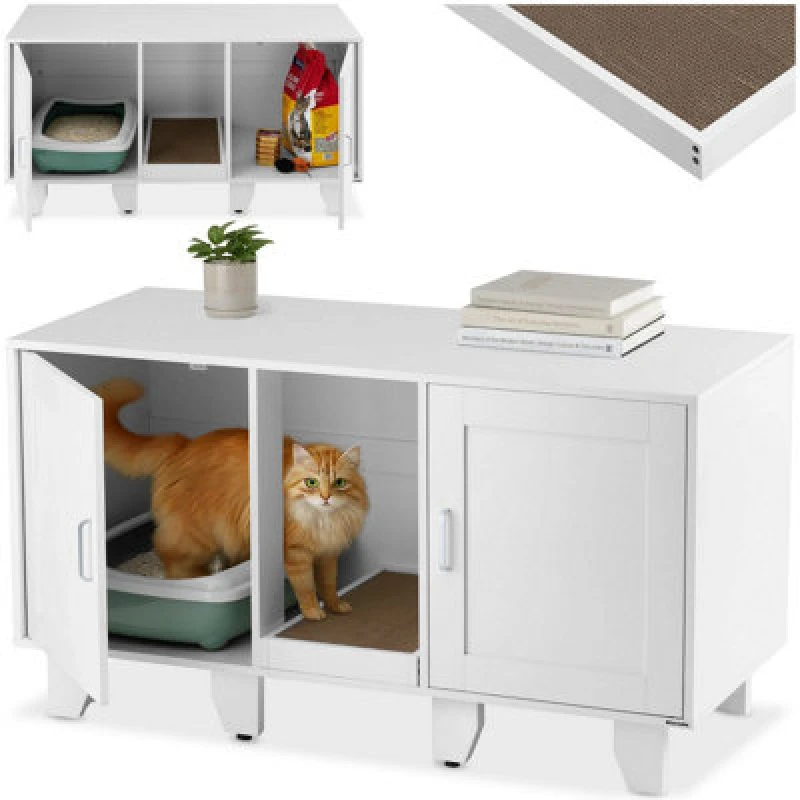 Image of Tectake Cat Cabinet Freya With Ventilation, Storage And Scratching Mat - White