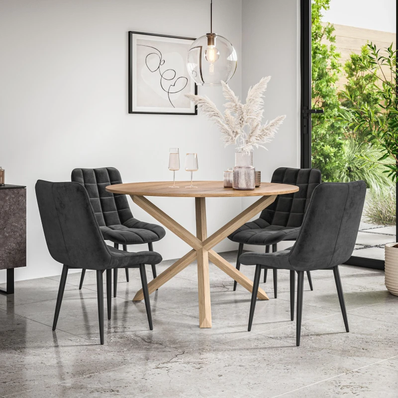 Image of More4Homes Malvern Round Dining Table And Chairs - Oak Table Top W Solid Oak Legs + Nova Velvet Dining Chair Set Of 4 (Black)