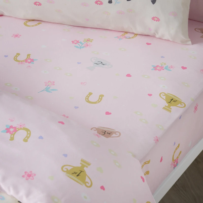 Image of Catherine Lansfield Happy Horses Bed Linen Fitted Sheet Pink