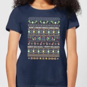 Image of Nintendo Super Mario Yoshi Have A Merry Mario Christmas Womens T-Shirt - Navy - M
