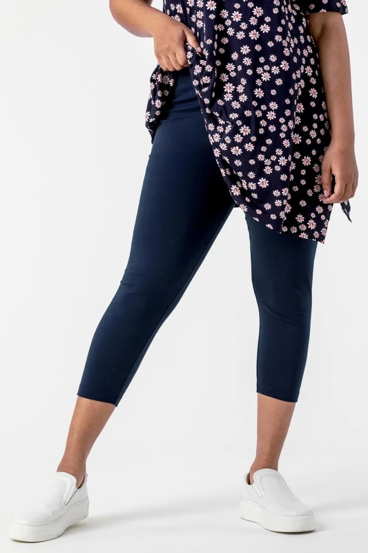Image of Roman Curve Plain Elastic Waist Cropped Leggings Navy