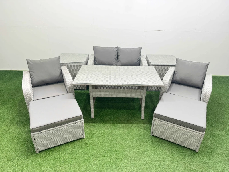 Image of Fimous Light Grey PE Wicker Rattan Garden Furniture Set Sofa Set Reclining Chair Rectangular Dining Table 6 Seater 2 Big Stools 2 Side Table Light Gre