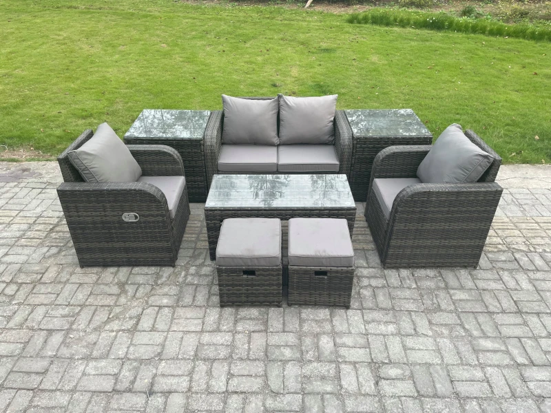 Image of Fimous Outdoor Lounge Sofa Set Wicker PE Rattan Garden Furniture Set with Reclining Chair Coffee Table 2 Side Tables Dark Grey