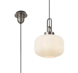 Image of 1 Light Pendant E27 30cm Pumpkin Shaped Ribbed Glass, Opal Antique Silver, Black