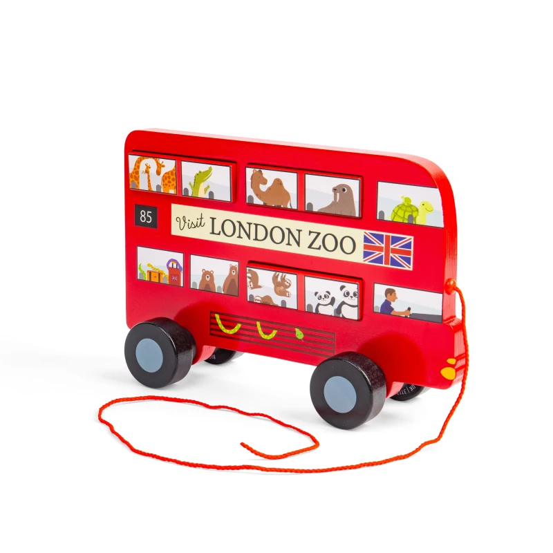 Image of Bigjigs Toys London Bus Pull Along - Wooden Pull-Along Baby & Toddler Toy, Red 37037