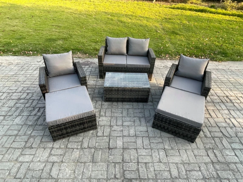Image of Fimous Outdoor Rattan Garden Furniture Set 6 Seater Patio Lounge Sofa Set with Coffee Table 2 Big Footstool Dark Grey Mixed Dark Grey Unisex