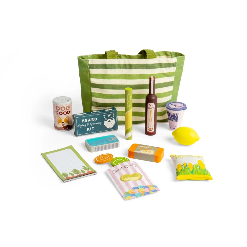 Image of Bigjigs Toys Set da viaggio per lo shopping 17 pezzi in legno set di cibo e accessori per supermercati giochi di ruolo per bambini regali per bam