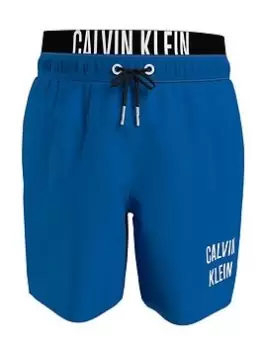Image of Calvin Klein Boys Double Waistband Swim Shorts - Blue Size Age: 10-12 Years