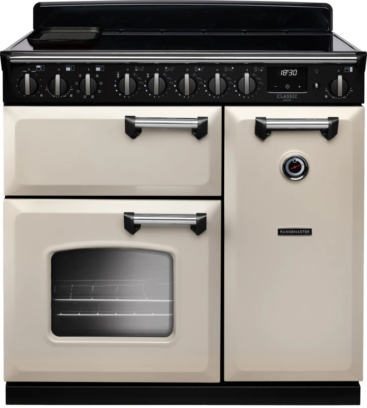 Image of Rangemaster CLDL90EIPPCR/CM1 Classic Deluxe 90cm Induction Range Cooker Chrome Trim 14592 - Pale CREAM CLDL90EIPPCR/CM1