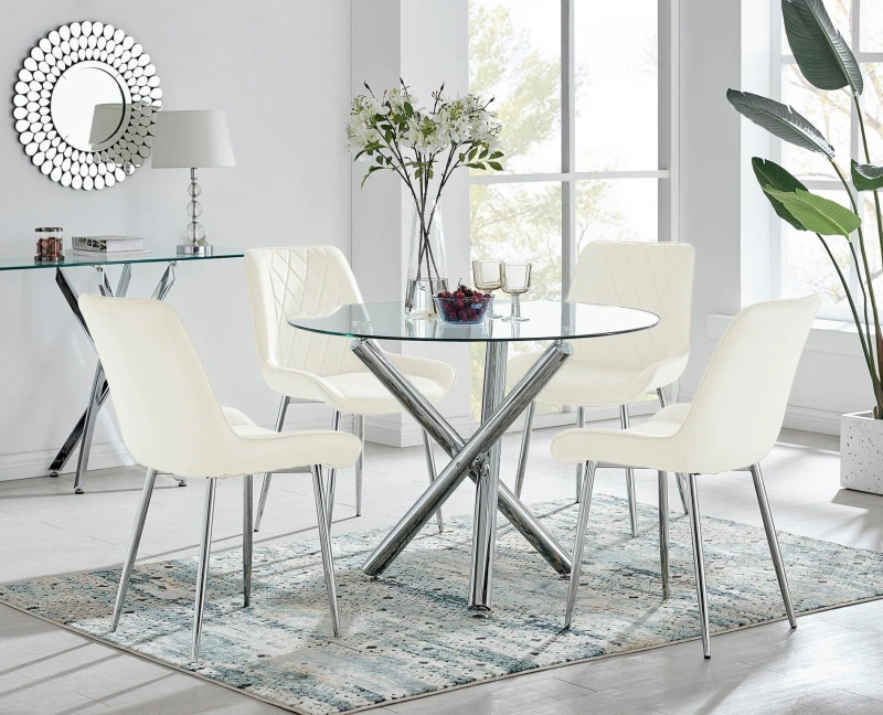 Image of FurnitureboxUK FurnitureboxUK Selina Round Glass Chrome Leg Dining Table and Pesaro Silver Leg Chairs in Cream Size: 4 Person Cream 4 Person Unisex