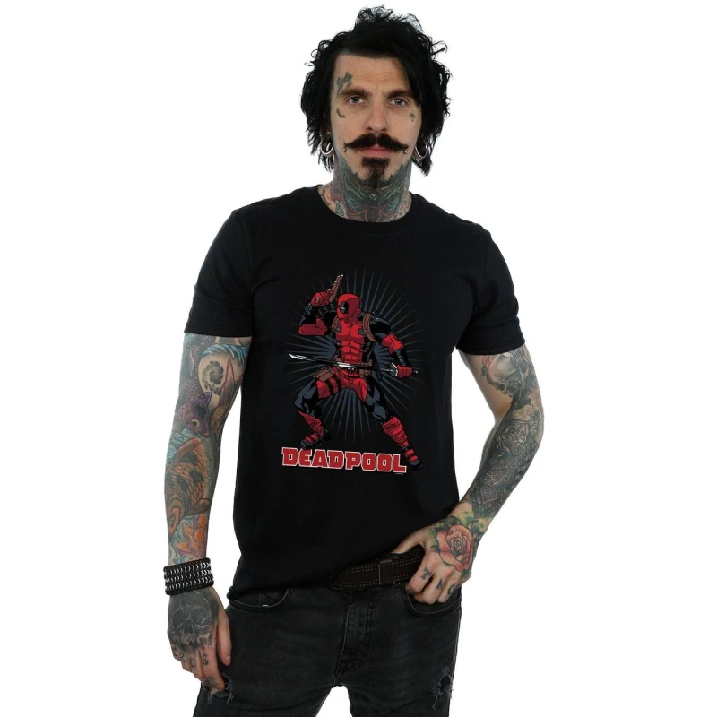 Image of Marvel Marvel Men Deadpool Gun Sword Burst T-Shirt in Black Size: Small Black S Male 5057981017263