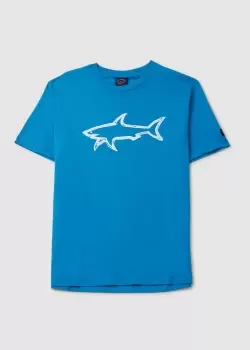 Image of Paul & Shark Mens Cotton T-Shirt With Printed Shark In Blue