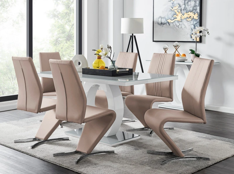 Image of FurnitureboxUK FurnitureboxUK Giovani 6-Seater Grey Glass Dining Table and 6 Willow Faux Leather Dining Chairs in Beige Beige One Size Unisex 50565426