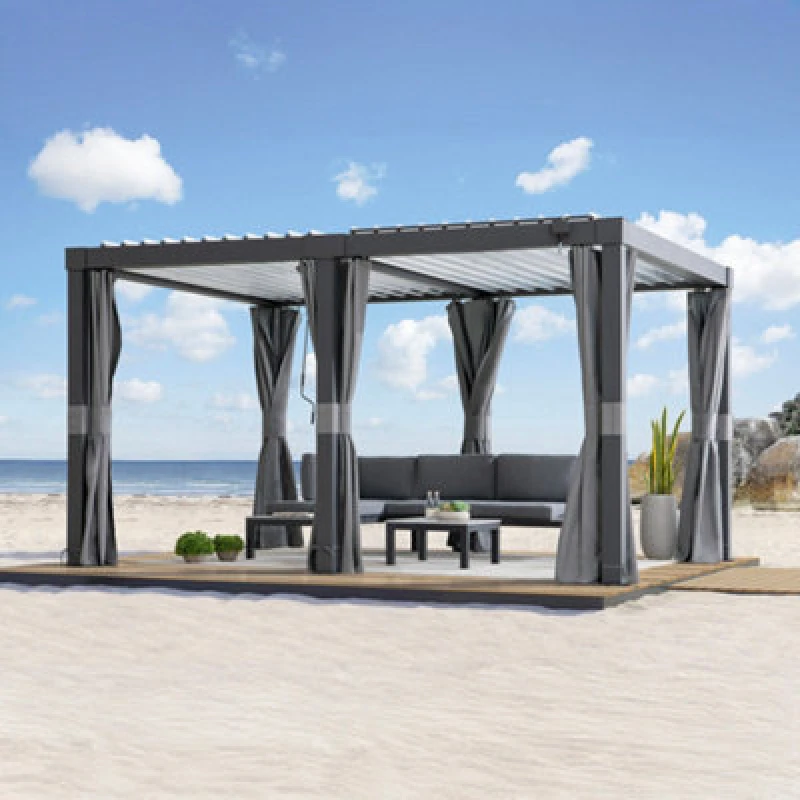 Image of Sunjoy 3M X 4M Solar LED Louvered Pergola Adjustable Rainproof Aluminum Hardtop Gazebo, Anthracite