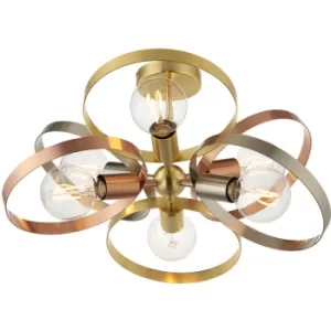 Image of Multi Arm Semi Flush Ceiling Light Satin Brass, Brushed Copper Plate