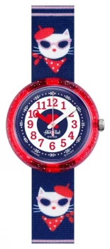 Image of Flik Flak CATITUDE Blue Fabric Cat Print Strap Blue/ Watch