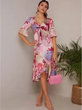 Image of Chi Chi London Short Sleeve Tie Front Floral Midi Dress In Pink, Size 10, Women