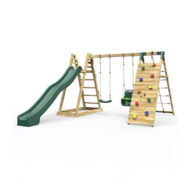 Image of Rebo Wooden Climbing Frame with Swing, Up and Over Climbing Wall and 10ft Slide - Cora Linn Green Green