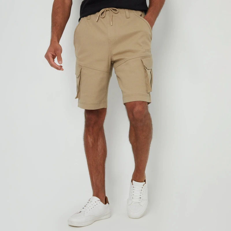 Image of Threadbare Dobby Textured Cargo Shorts With Stretch - Beige Beige M