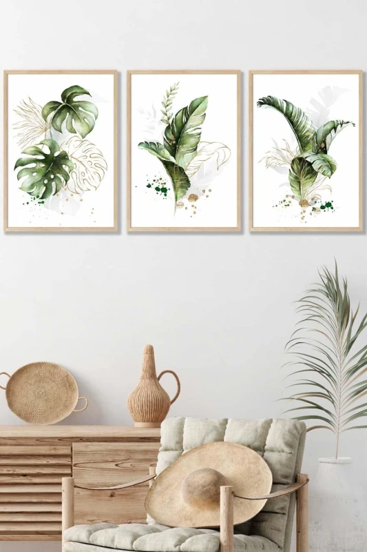 Image of ARTZE Framed Green & Gold Botanical Leaves Framed Wall Art - Medium in Light Oak Size: W45cm x H62cm x D20mm Light Oak Unisex W45cm x H62cm x D2