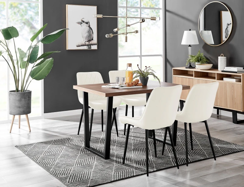 Image of FurnitureboxUK FurnitureboxUK Kylo Brown Wood Effect Dining Table With Black 'U' Legs & 4 Pesaro Velvet Chairs in Cream Cream One Size Unisex 50565426