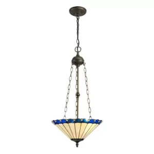 Image of 3 Light Uplighter Ceiling Pendant E27 With 40cm Tiffany Shade, Blue, Crystal, Aged Antique Brass - Luminosa Lighting