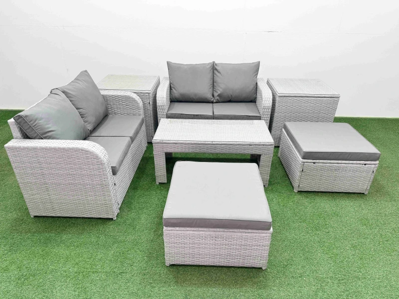 Image of Fimous 6 Seater Outdoor Love Sofa Set Rattan Garden Furniture Set with Oblong Coffee Table 2 Footstool 2 Side Tables Light Grey Light Grey