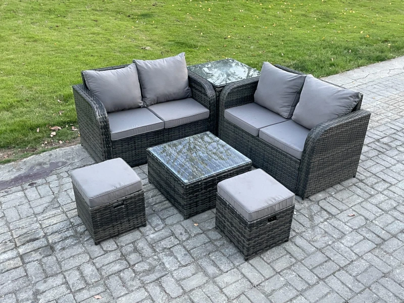 Image of Fimous Rattan Sofa Set Outdoor Garden Furniture Set with Square Coffee Table Loveseat Sofa 2 Small Footstool Side Table Dark Grey Mixed Dark Grey