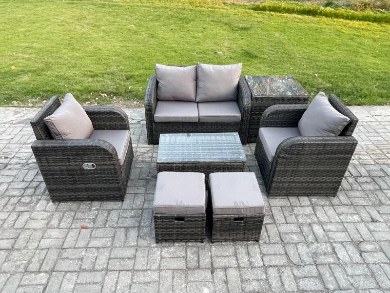 Image of Fimous Rattan Outdoor Furniture Set Garden Love Sofa Coffee Table 2 Armchair Side Table 2 Small Footstools Dark Grey Mixed Dark Grey