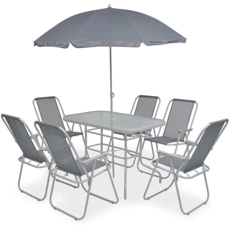 Image of vidaXL Outdoor Dining Set 8 Piece Textilene Grey Garden Table Chairs Umbrella