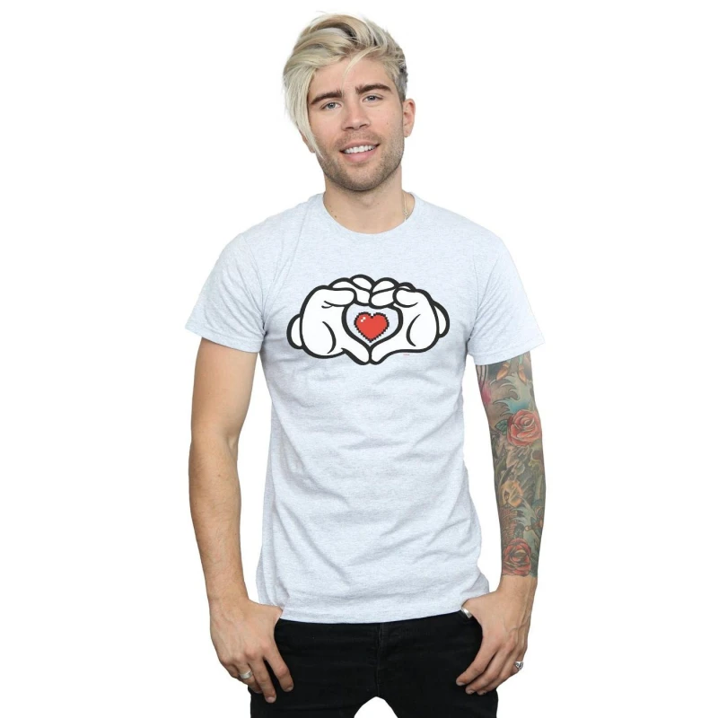 Image of Disney Men Mickey Mouse Heart Hands T-Shirt in Grey Size: Small Grey S Male 5057972520970