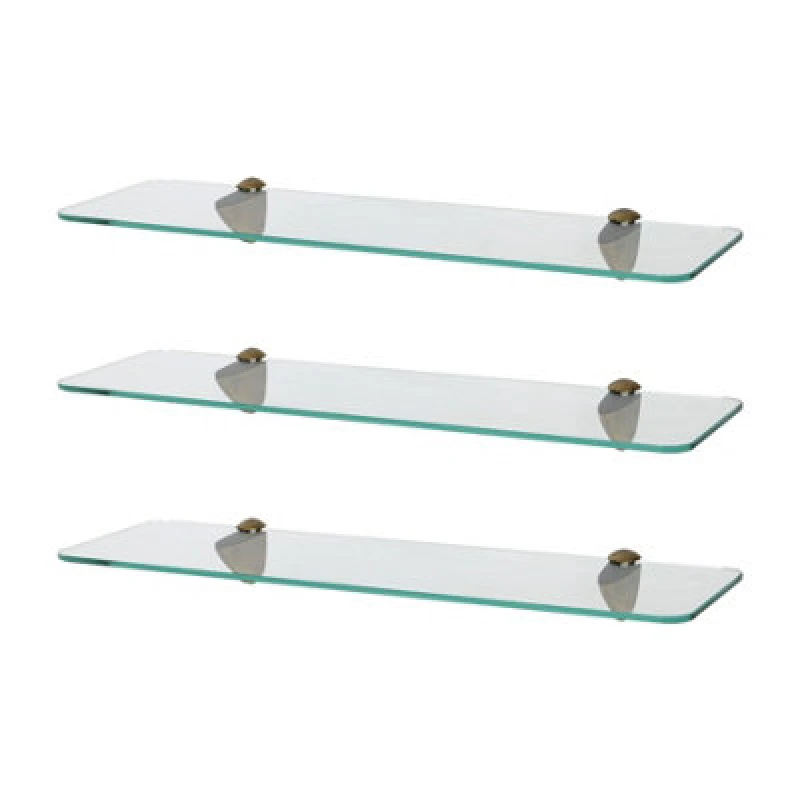 Image of Harbour Housewares 3X Rounded Floating Glass Shelves - 50Cm - Gold Brackets - Bathroom Shower Storage Vanity Display Unit Shelf