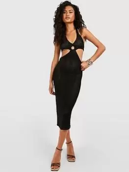 Image of Boohoo Ring Cut Out Crochet Midi Dress - Black, Size L, Women