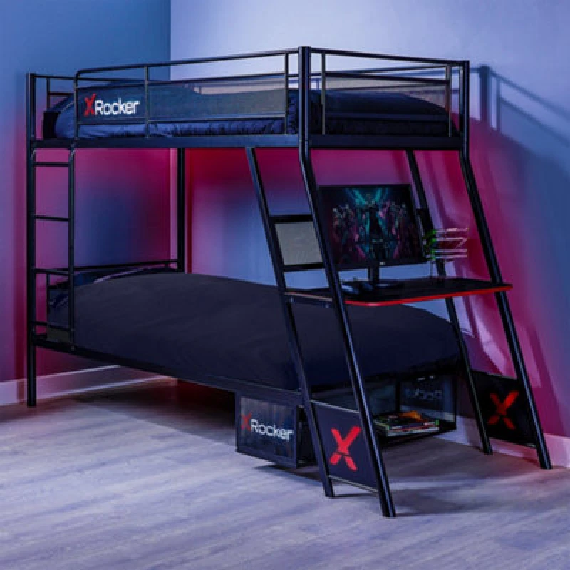Image of X Rocker Armada Gaming Bunk Bed with Desk 3ft Single with Mattress Included Black