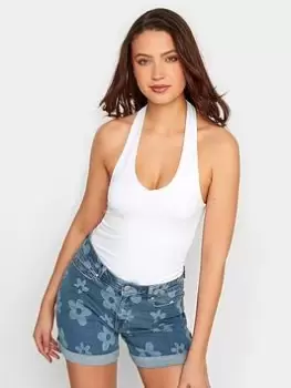 Image of Long Tall Sally Floral Print Denim Short - Mid Wash, Blue, Size 14, Women