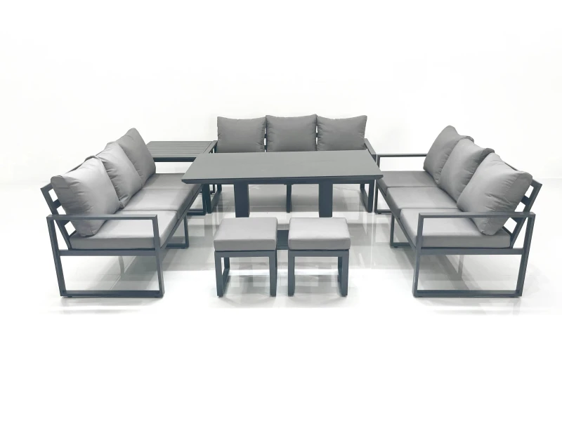 Image of Fimous 11 Seater Garden Sofa Set Aluminium Furniture Rising Dining Tabe Set with Side Table 2 Small Footstools Dark Grey Dark Grey Unisex